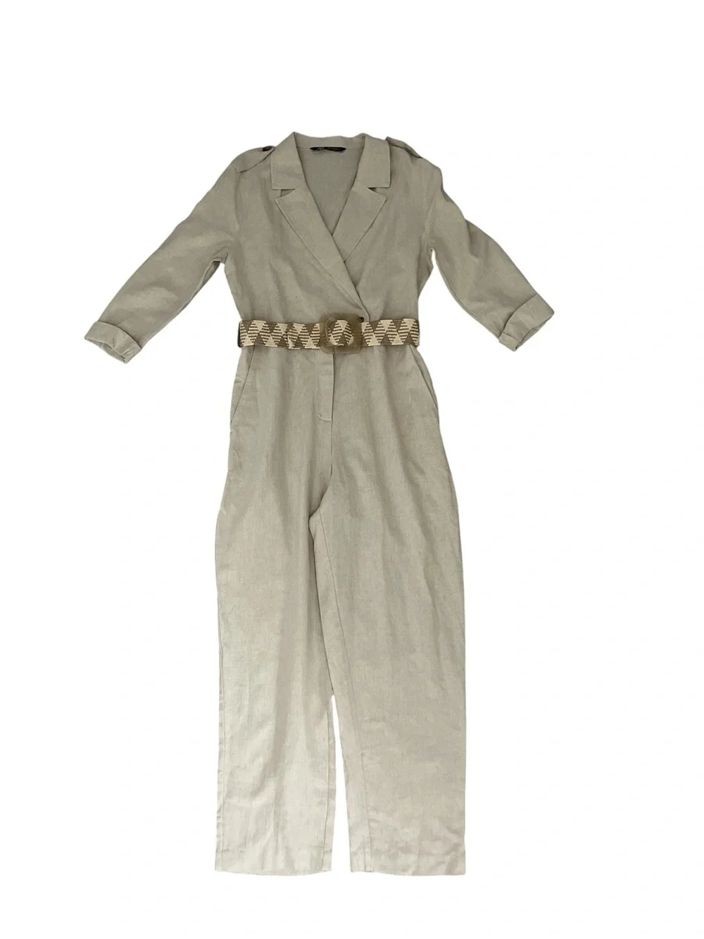 Zara Beige Linen-Blend Quarter Sleeve Jumpsuit with Woven Belt Medium